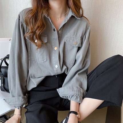 Blouses Shirts Women Spring Pockets Long Sleeve Fashion Solid Korean - Carbone's Marketplace