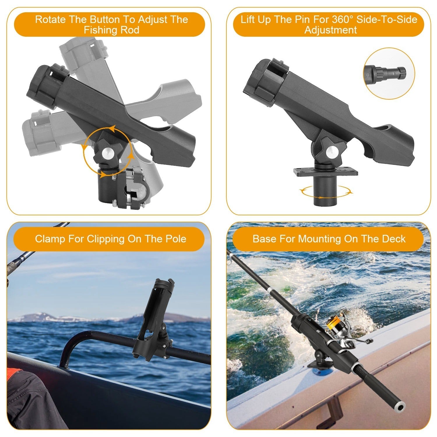 Boat Fishing Pole Rod Holder 360° Rotatable Kayak Side Rail Mount Adjustable Folding Rod Holder w/ Large Clamp - Carbone's Marketplace