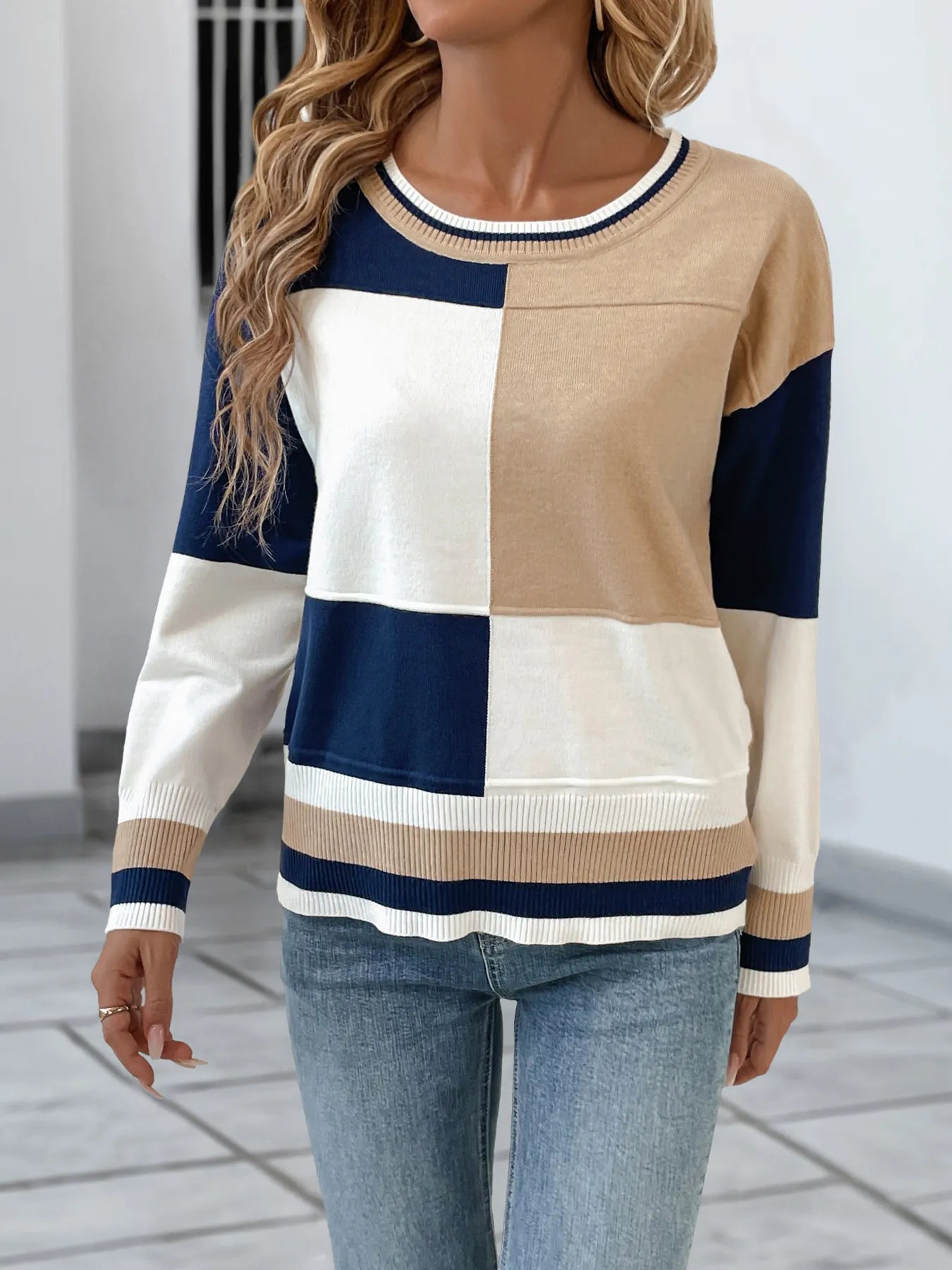 Color Block Round Neck Sweater with Ribbed Trim - Carbone's Marketplace