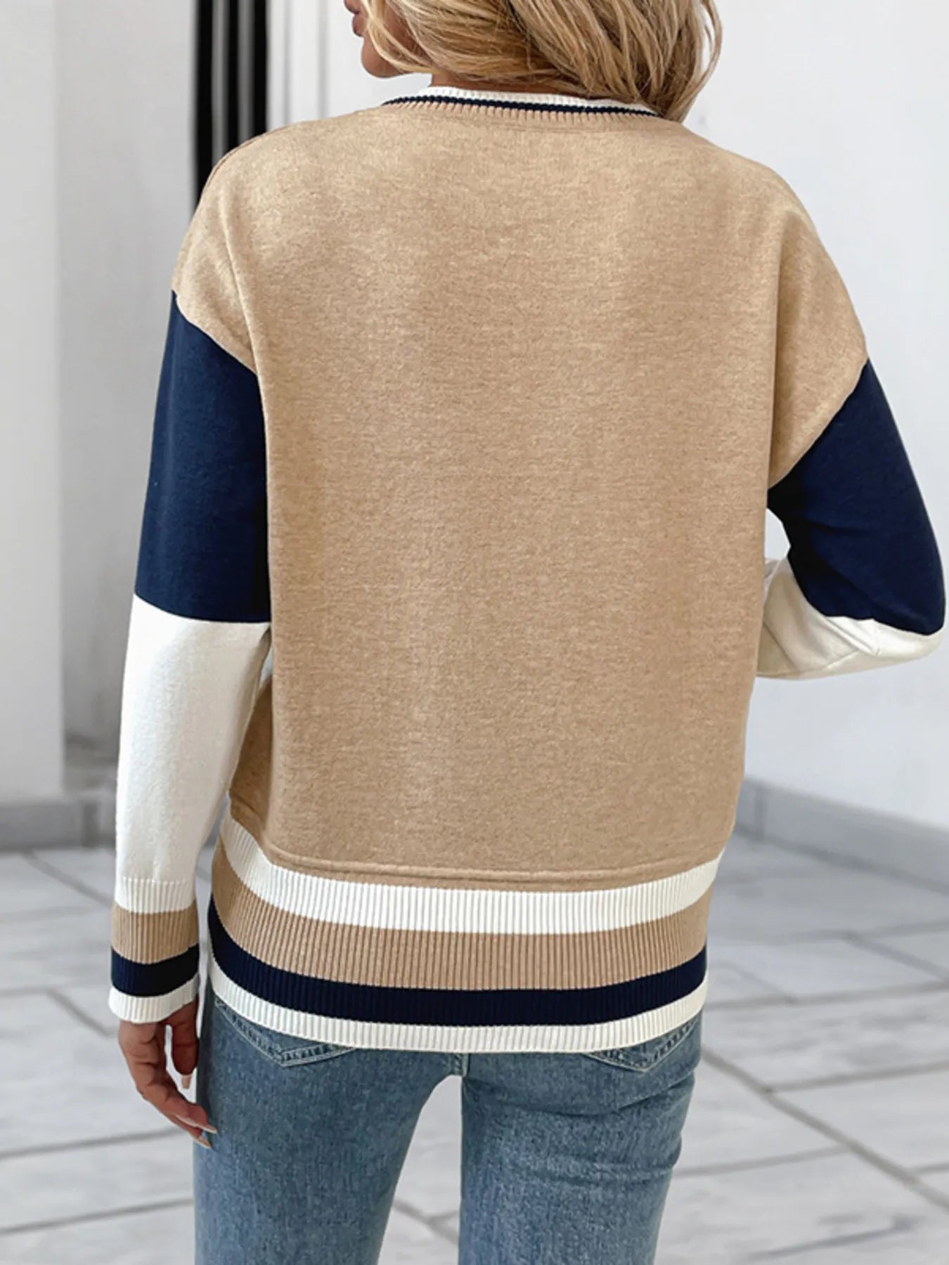 Color Block Round Neck Sweater with Ribbed Trim - Carbone's Marketplace