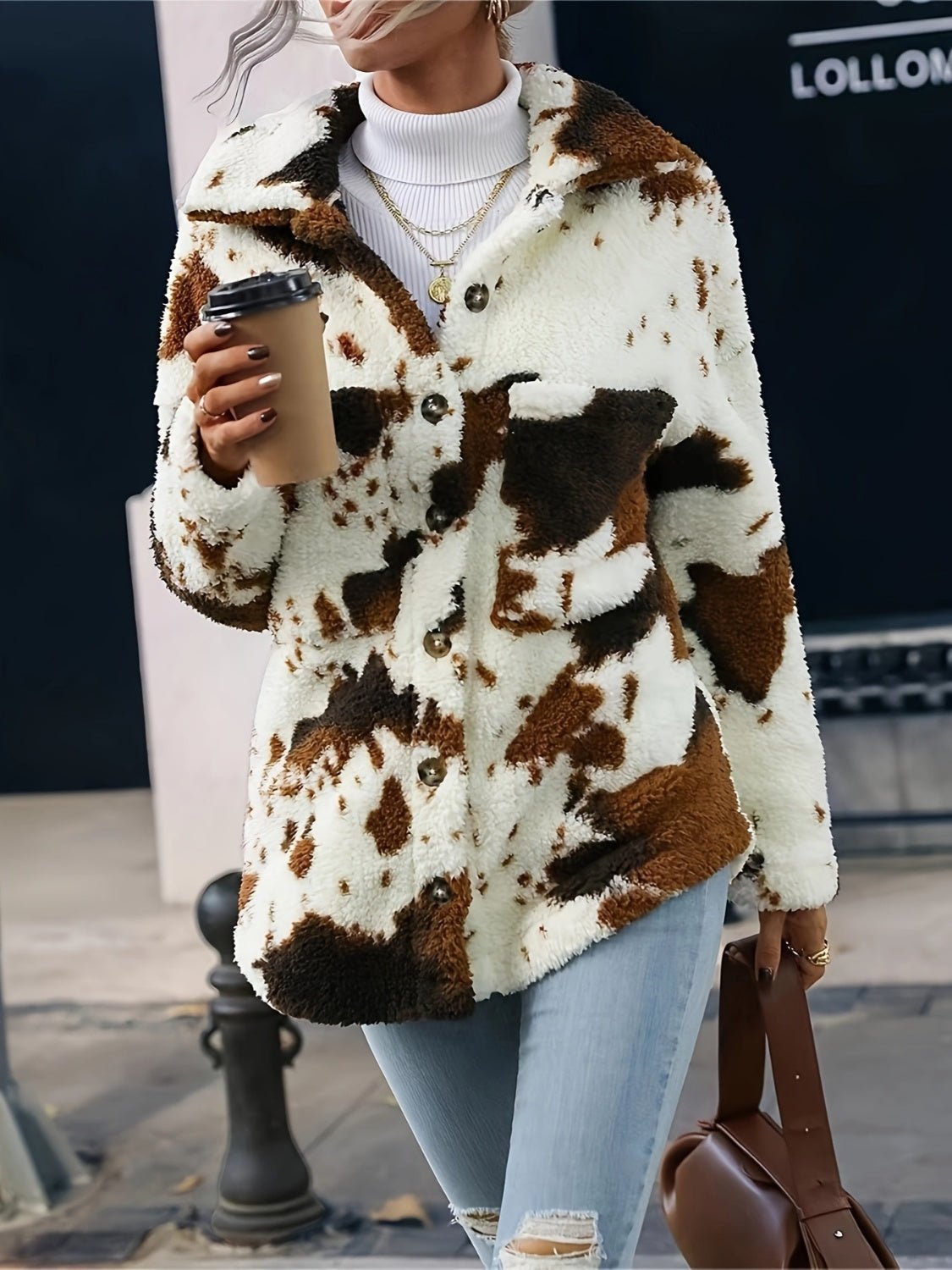 Cow Print Collared Neck Button Up Fuzzy Jacket - Carbone's Marketplace