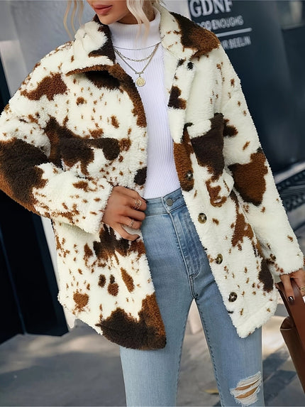 Cow Print Collared Neck Button Up Fuzzy Jacket - Carbone's Marketplace