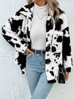 Cow Print Collared Neck Button Up Fuzzy Jacket - Carbone's Marketplace