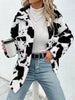 Cow Print Collared Neck Button Up Fuzzy Jacket - Carbone's Marketplace