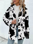 Cow Print Collared Neck Button Up Fuzzy Jacket - Carbone's Marketplace