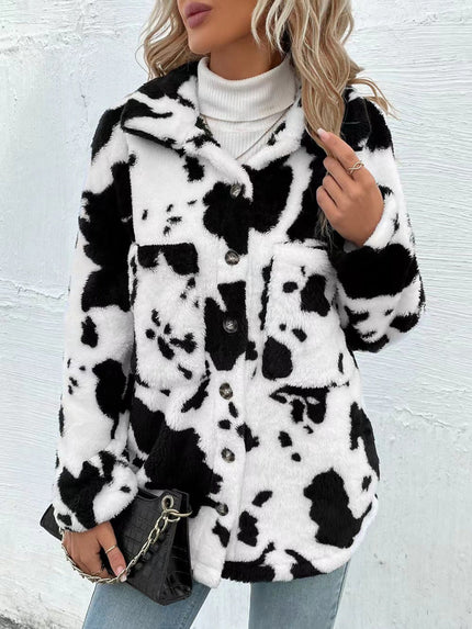 Cow Print Collared Neck Button Up Fuzzy Jacket - Carbone's Marketplace