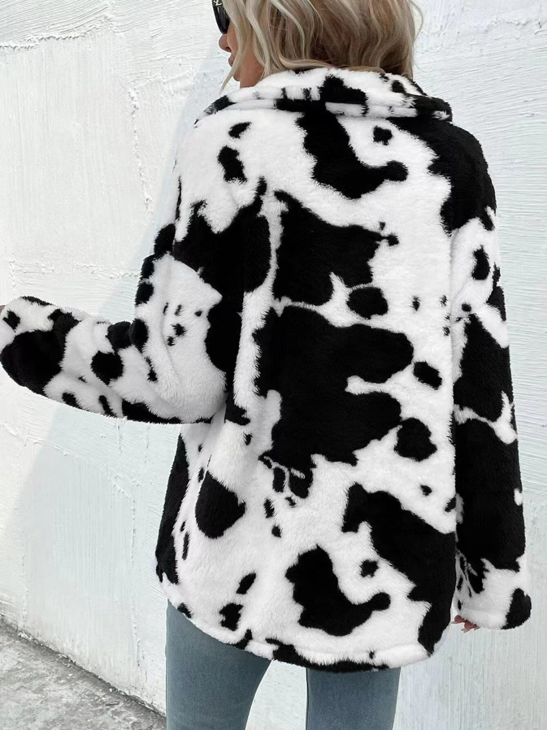 Cow Print Collared Neck Button Up Fuzzy Jacket - Carbone's Marketplace