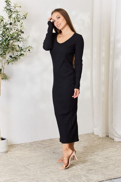 Culture Code Full Size Ribbed Long Sleeve Midi Slit Dress - Carbone's Marketplace