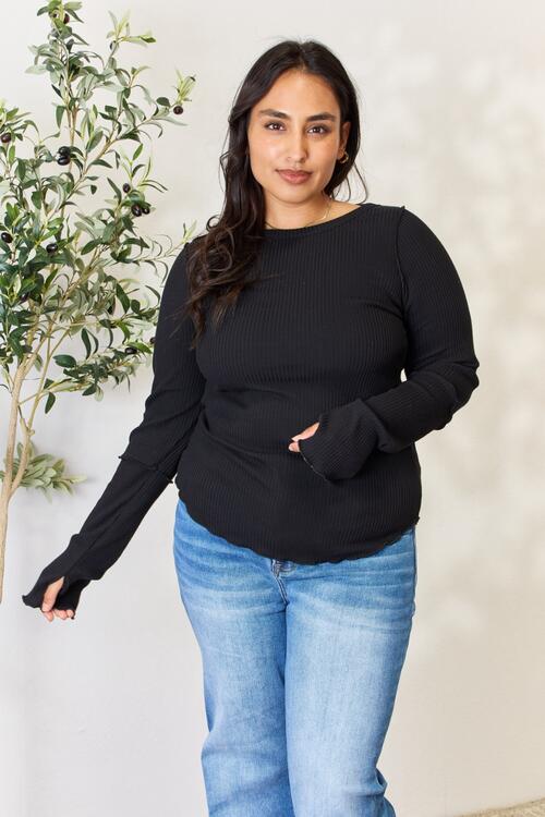 Culture Code Full Size Ribbed Round Neck Long Sleeve Top - Carbone's Marketplace