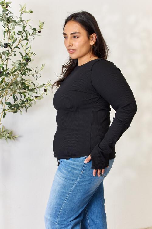 Culture Code Full Size Ribbed Round Neck Long Sleeve Top - Carbone's Marketplace
