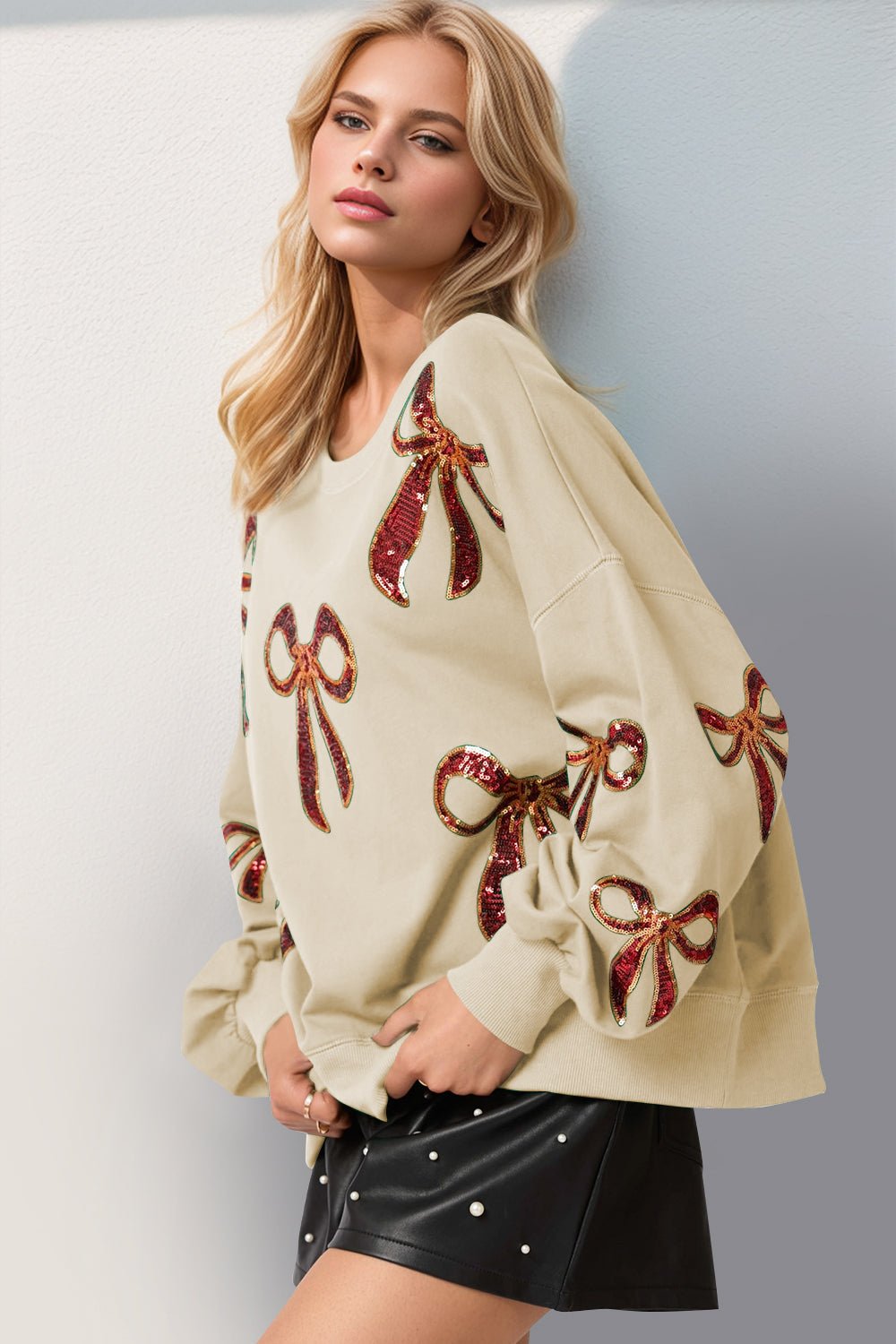Double Take Christmas Bow Sequin Round Neck Dropped Shoulder Sweatshirt - Carbone's Marketplace