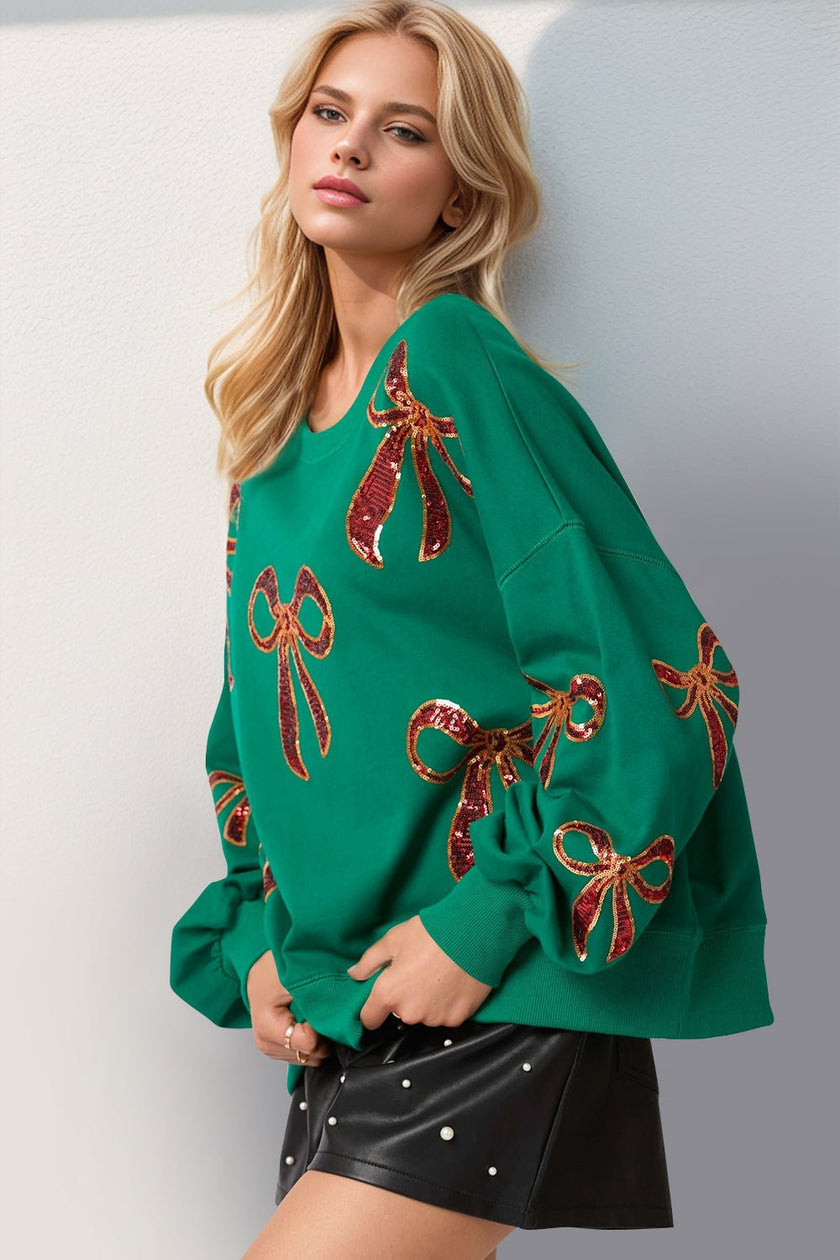 Double Take Christmas Bow Sequin Round Neck Dropped Shoulder Sweatshirt - Carbone's Marketplace
