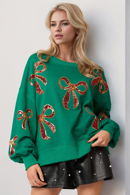 Double Take Christmas Bow Sequin Round Neck Dropped Shoulder Sweatshirt - Carbone's Marketplace
