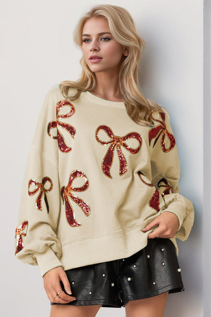Double Take Christmas Bow Sequin Round Neck Dropped Shoulder Sweatshirt - Carbone's Marketplace