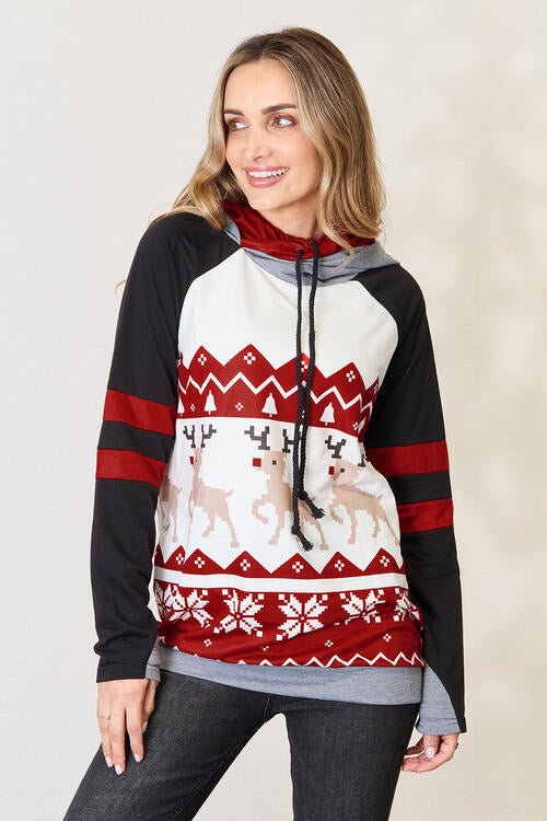 Double Take Full Size Christmas Drawstring Long Sleeve Hoodie - Carbone's Marketplace