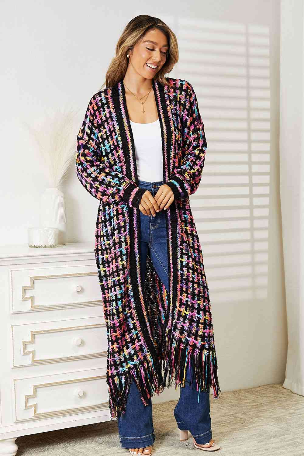 Double Take Full Size Multicolored Open Front Fringe Hem Cardigan - Carbone's Marketplace