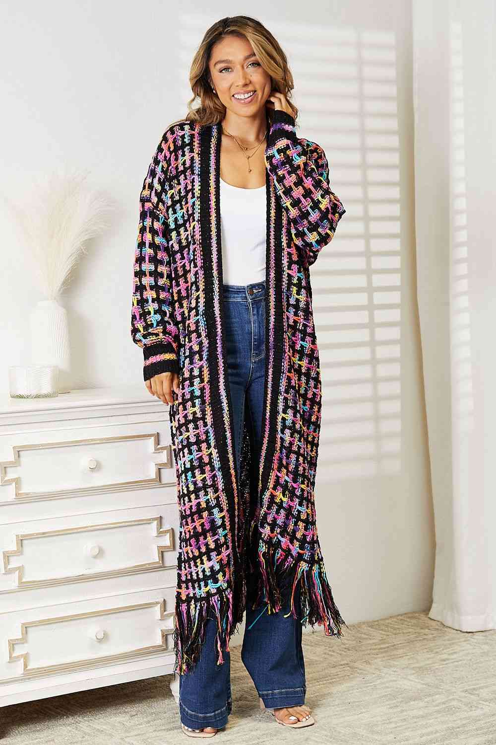 Double Take Full Size Multicolored Open Front Fringe Hem Cardigan - Carbone's Marketplace