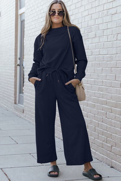 Double Take Full Size Textured Long Sleeve Top and Drawstring Pants Set - Carbone's Marketplace