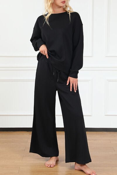 Double Take Full Size Textured Long Sleeve Top and Drawstring Pants Set - Carbone's Marketplace