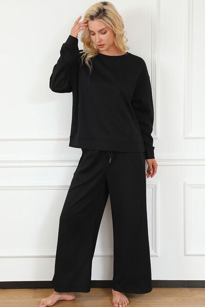 Double Take Full Size Textured Long Sleeve Top and Drawstring Pants Set - Carbone's Marketplace