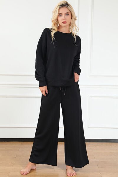 Double Take Full Size Textured Long Sleeve Top and Drawstring Pants Set - Carbone's Marketplace