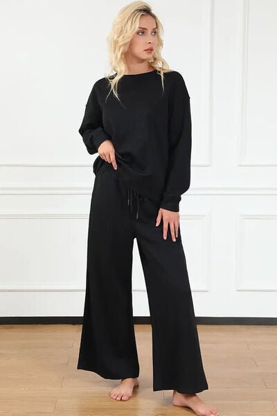 Double Take Full Size Textured Long Sleeve Top and Drawstring Pants Set - Carbone's Marketplace