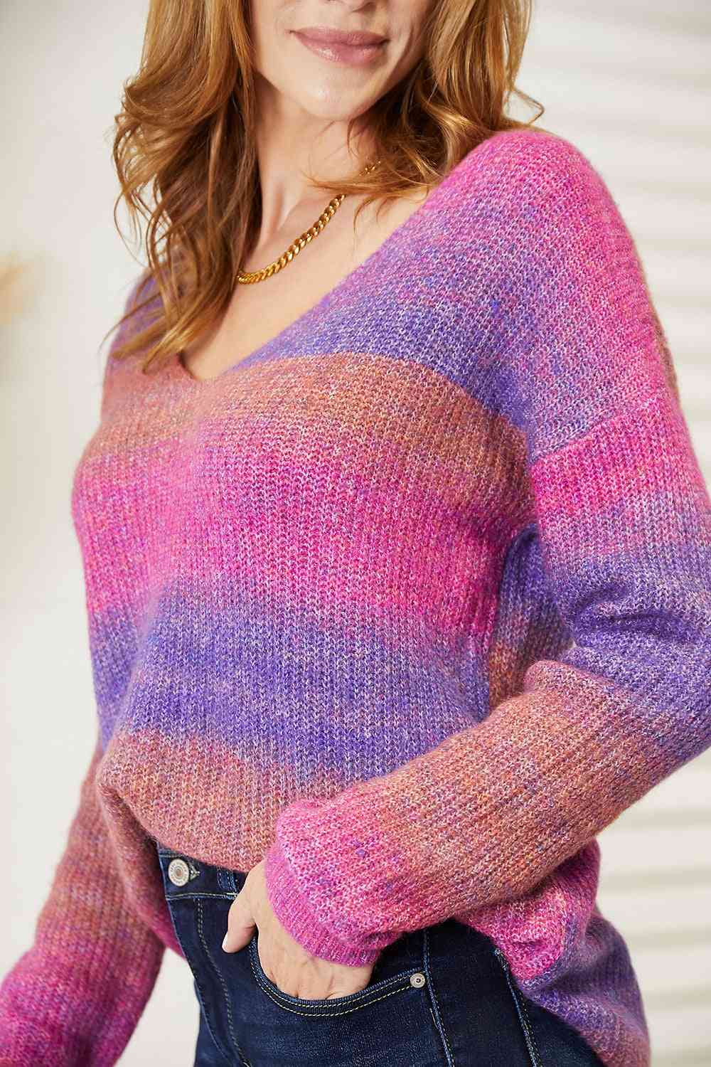 Double Take Multicolored Rib - Knit V - Neck Knit Pullover - Carbone's Marketplace