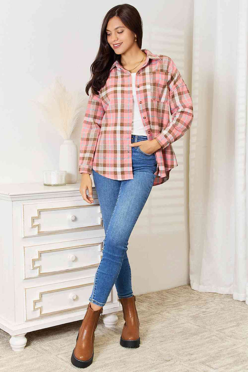 Double Take Plaid Collared Neck Long Sleeve Button - Up Shirt - Carbone's Marketplace