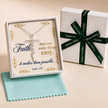Faith Makes It Possible necklace gift set with scripture card, gift box, and aqua polishing cloth