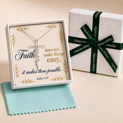 Faith Makes It Possible necklace gift set with scripture card, gift box, and aqua polishing cloth