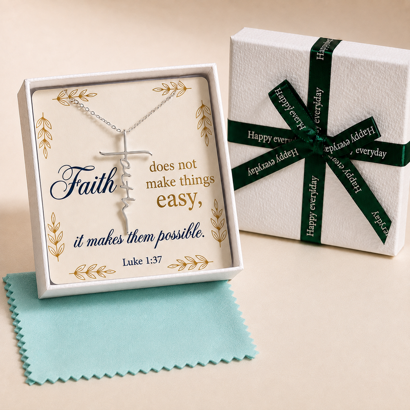 Faith Makes It Possible necklace gift set with scripture card, gift box, and aqua polishing cloth
