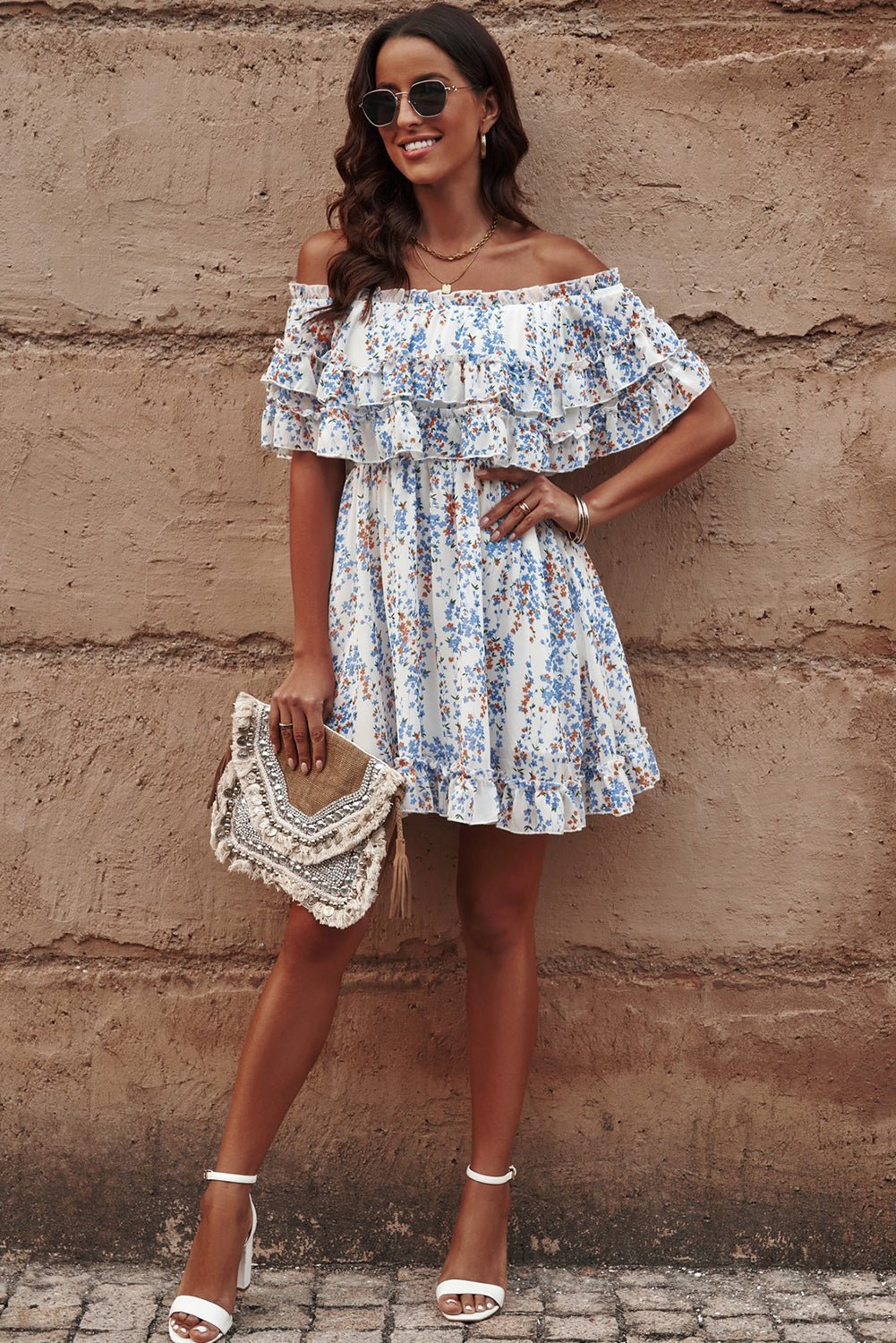 Floral Off - Shoulder Ruffle Hem Dress - Carbone's Marketplace