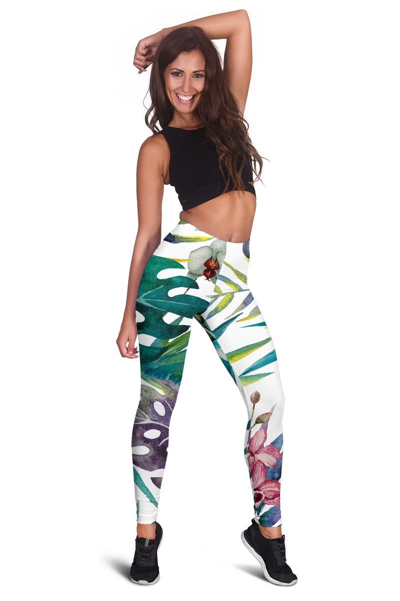 White Tropical Leaf Leggings