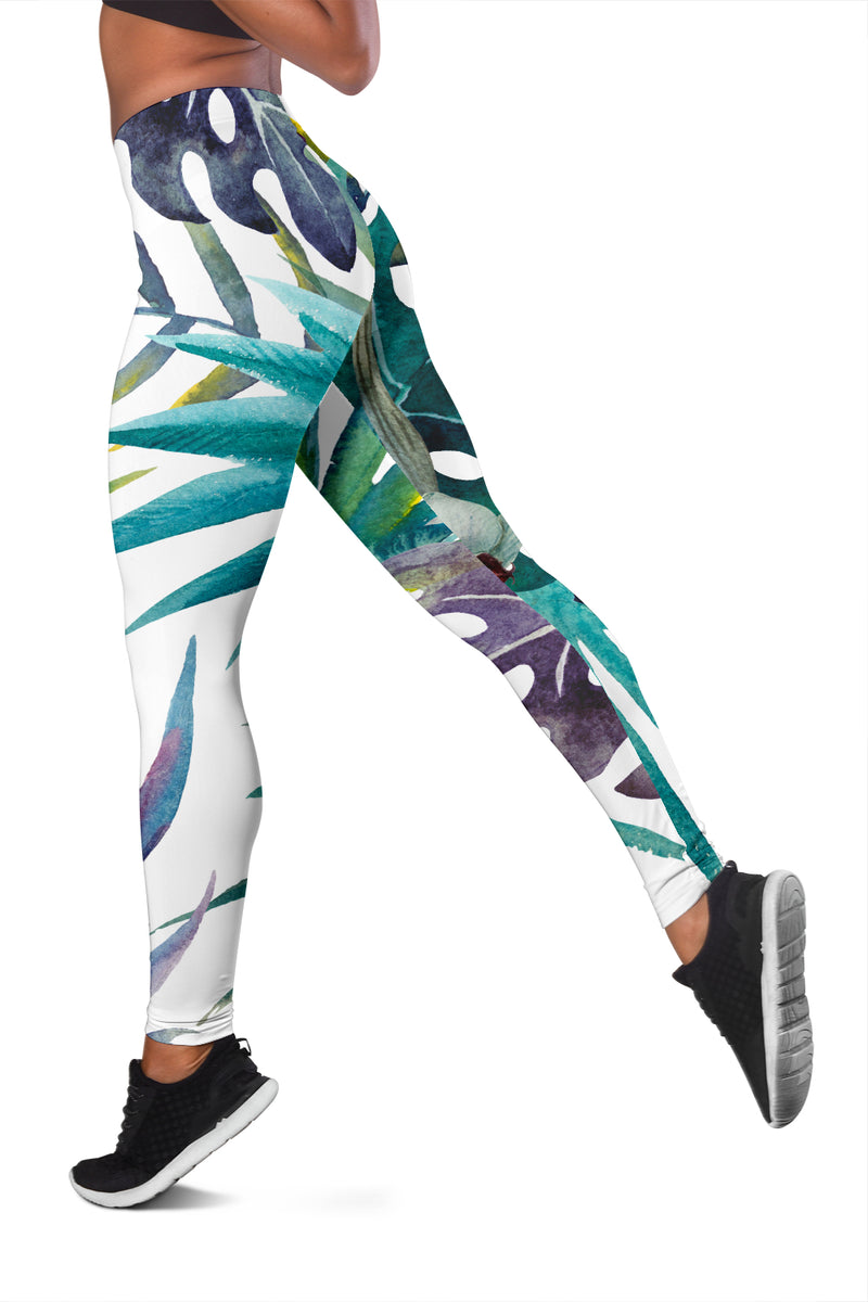 White Tropical Leaf Leggings