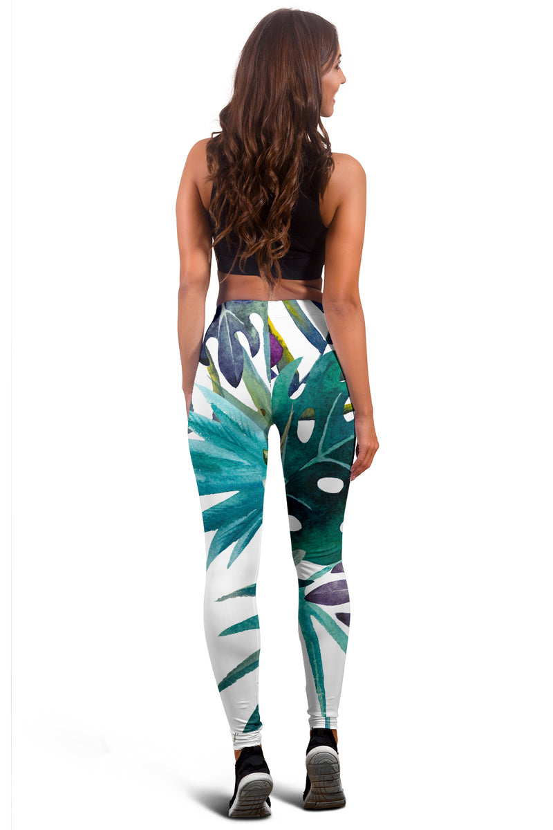 White Tropical Leaf Leggings