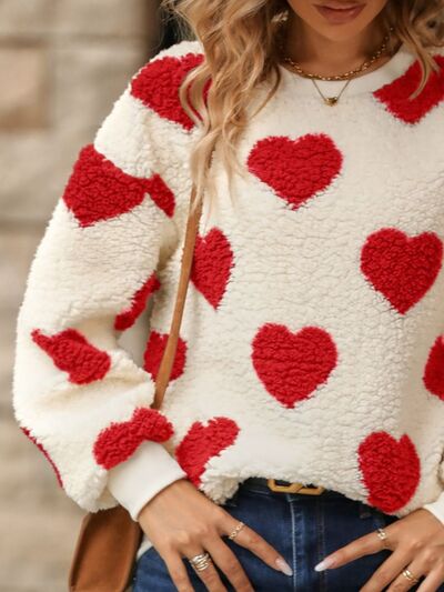 Fuzzy Heart Dropped Shoulder Sweatshirt - Carbone's Marketplace