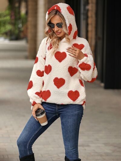 Fuzzy Heart Pocketed Dropped Shoulder Hoodie - Carbone's Marketplace