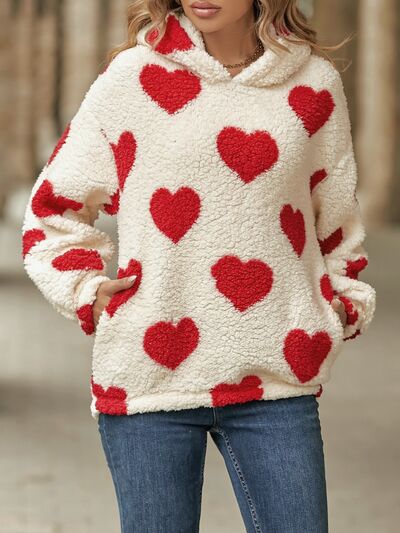 Fuzzy Heart Pocketed Dropped Shoulder Hoodie - Carbone's Marketplace