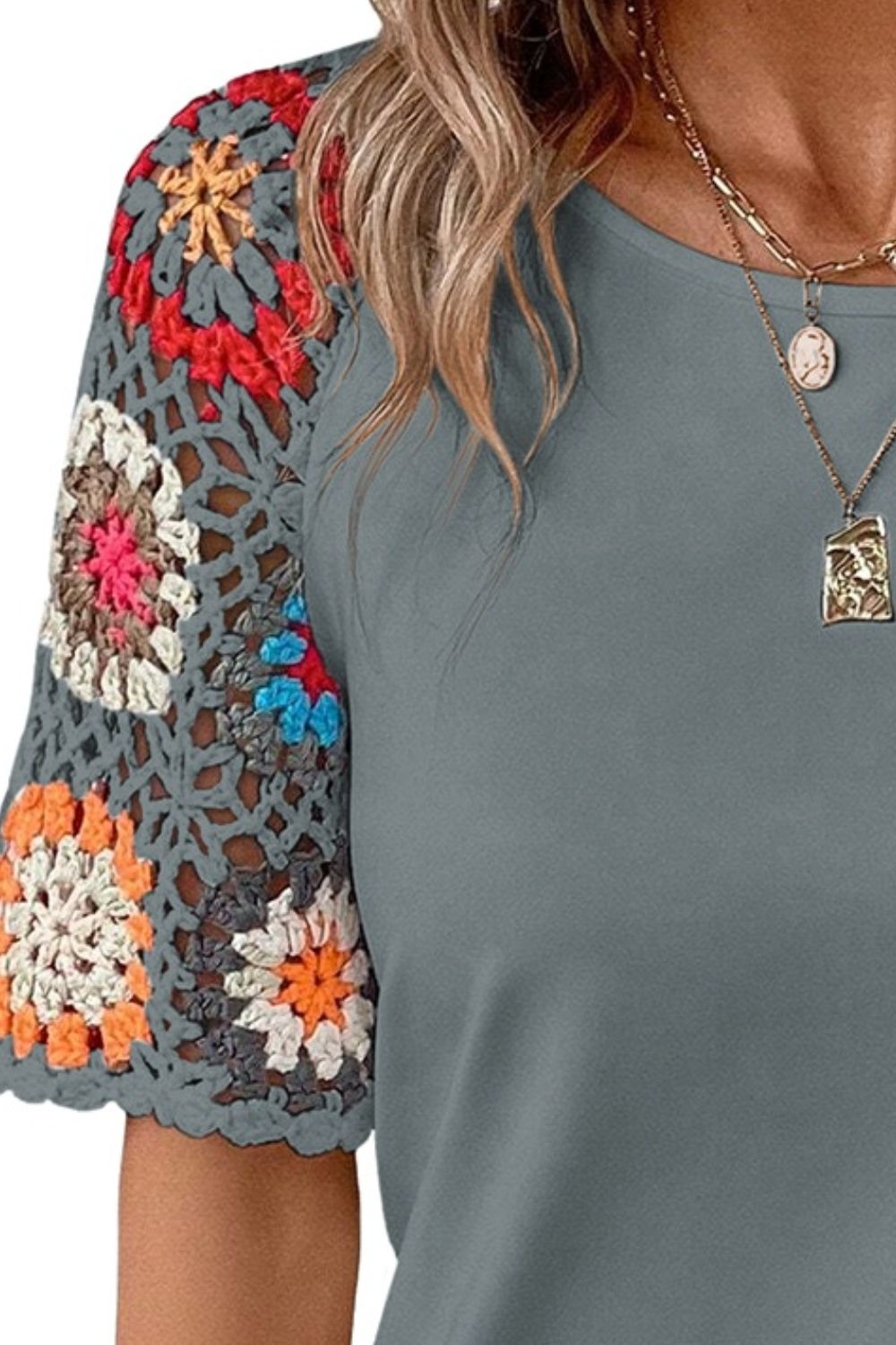 Geometric Round Neck Short Sleeve Blouse - Carbone's Marketplace