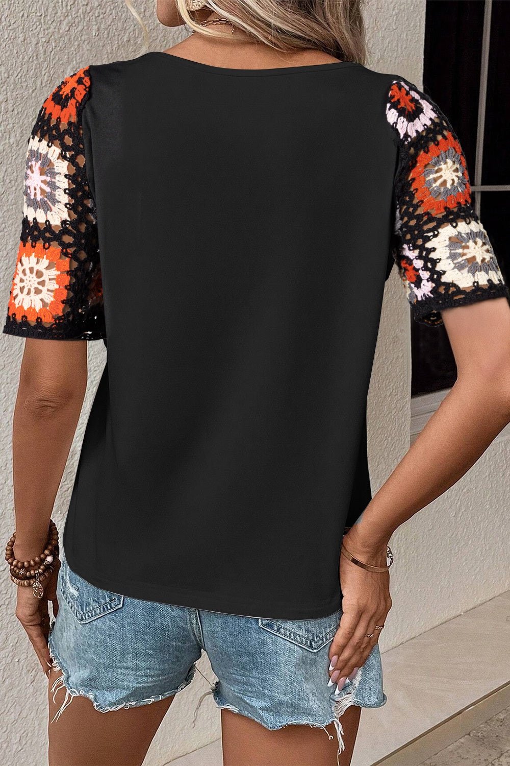 Geometric Round Neck Short Sleeve Blouse - Carbone's Marketplace