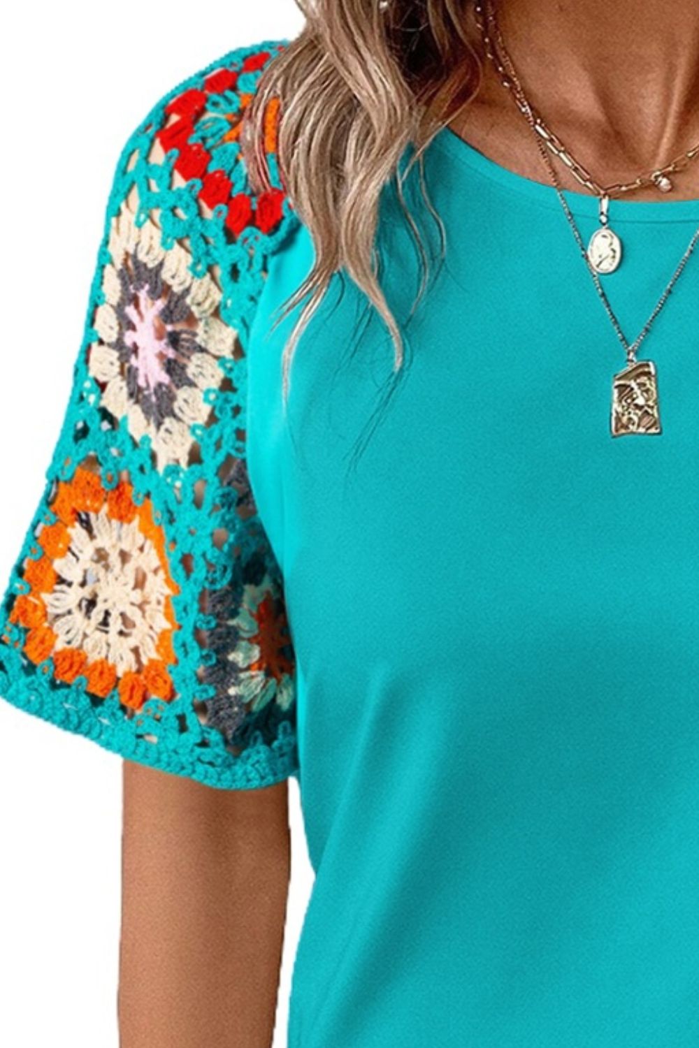 Geometric Round Neck Short Sleeve Blouse - Carbone's Marketplace