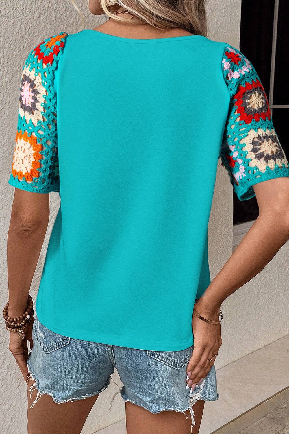 Geometric Round Neck Short Sleeve Blouse - Carbone's Marketplace