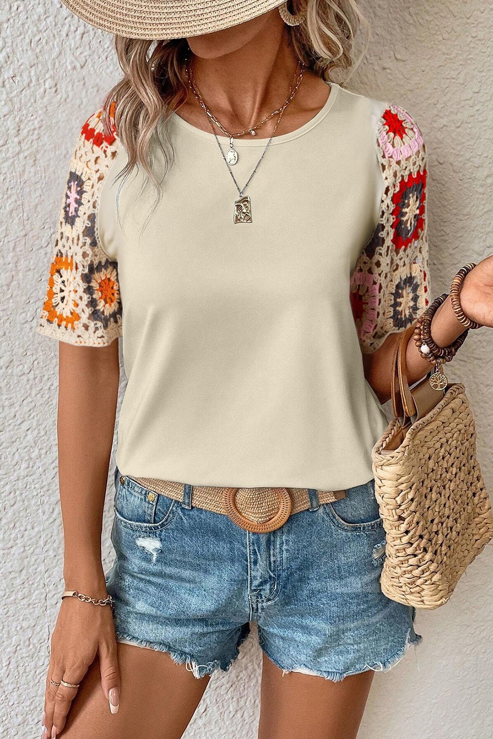 Geometric Round Neck Short Sleeve Blouse - Carbone's Marketplace