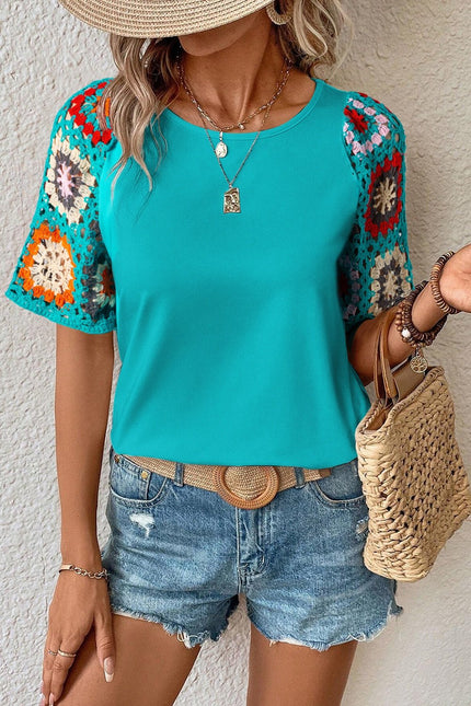 Geometric Round Neck Short Sleeve Blouse - Carbone's Marketplace