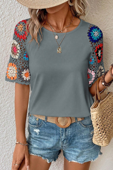 Geometric Round Neck Short Sleeve Blouse - Carbone's Marketplace