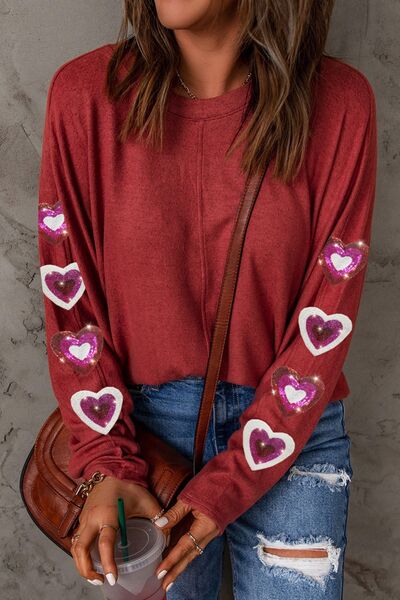 Heart Sequin Round Neck Long Sleeve T-Shirt - Carbone's Marketplace