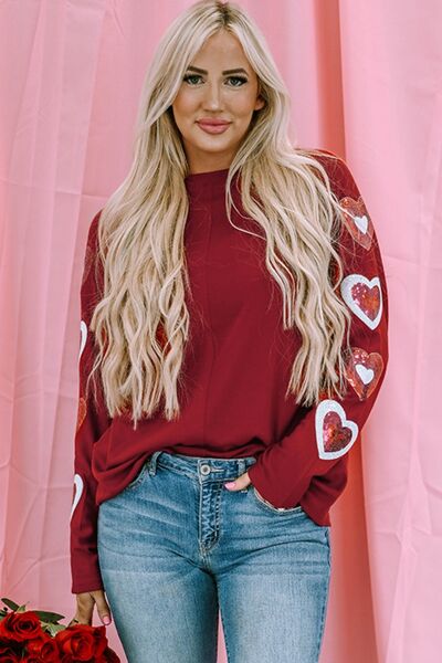 Heart Sequin Round Neck Long Sleeve T-Shirt - Carbone's Marketplace