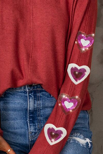 Heart Sequin Round Neck Long Sleeve T-Shirt - Carbone's Marketplace