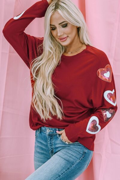 Heart Sequin Round Neck Long Sleeve T-Shirt - Carbone's Marketplace