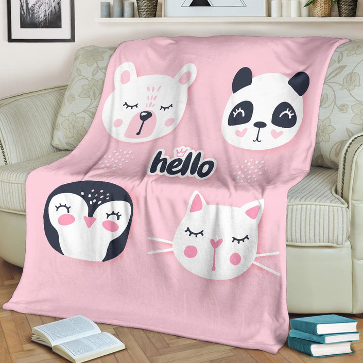 Hello Cute Bear Penguin Cat Bunny, Animal Cartoon Premium Blanket, - Carbone's Marketplace